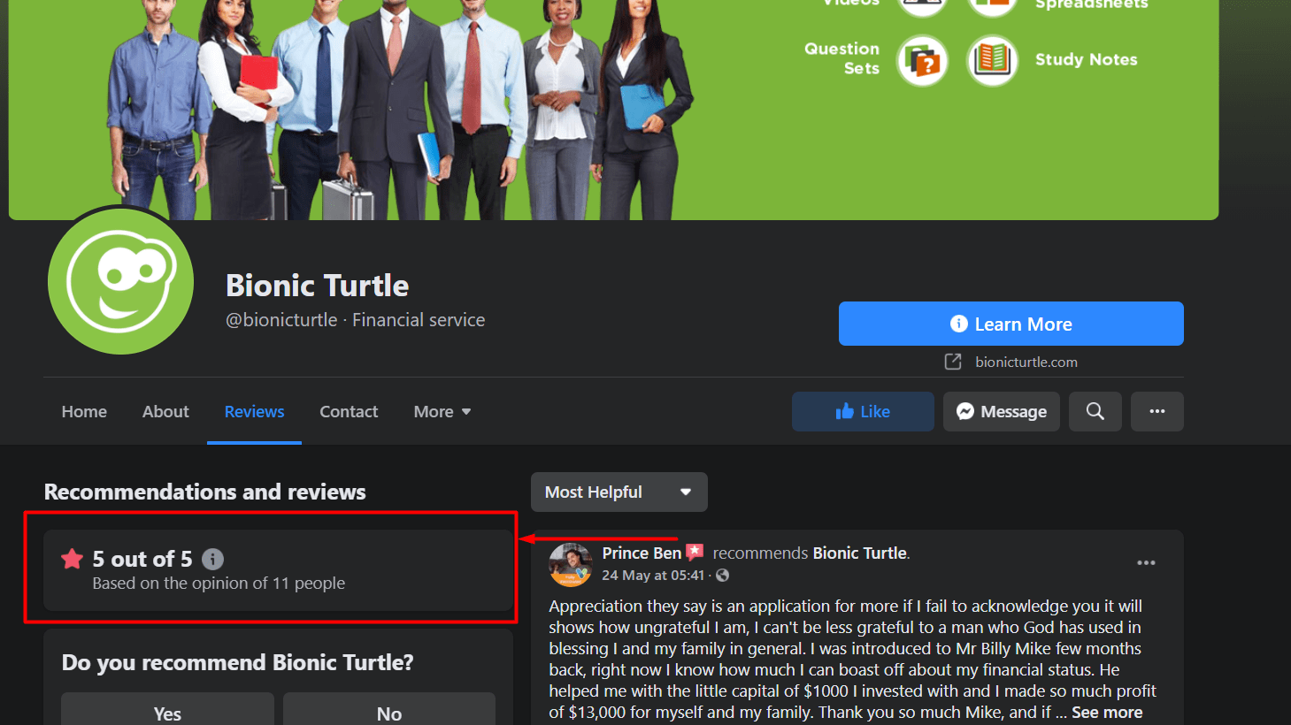 Bionic Turtle Facebook User Rating